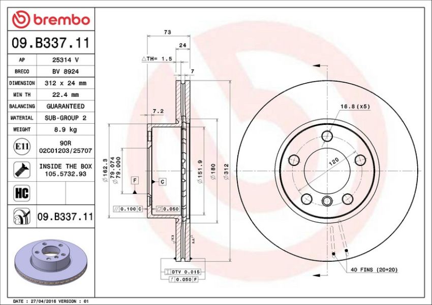 Brembo 09.B337.11 Premium Coated Vented Brake Rotor