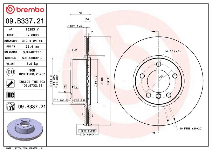 Brembo 09.B337.21 Premium Coated Vented Brake Rotor
