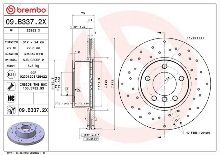 Brembo 09.B337.2X Premium UV Coated Xtra Cross Drilled Brake Rotor
