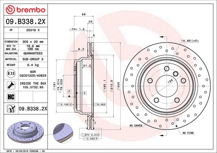 Brembo 09.B338.2X Premium UV Coated Xtra Cross Drilled Brake Rotor