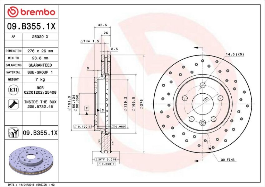 Brembo 09.B355.1X Premium UV Coated Xtra Cross Drilled Brake Rotor