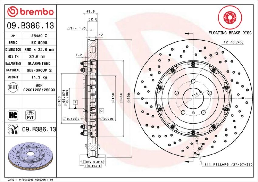 Brembo 09.B386.13 Premium Floating Two Piece UV Coated Vented Drilled And Slotted Brake Rotor