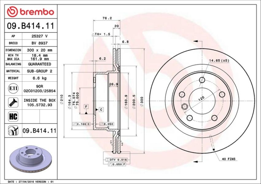 Brembo 09.B414.11 Premium Coated Vented Brake Rotor