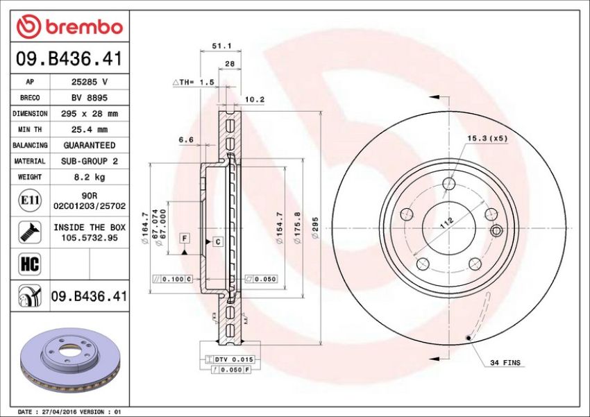 Brembo 09.B436.41 Premium Coated Vented Brake Rotor