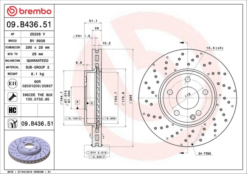 Brembo 09.B436.51 Premium UV Coated Front Brake Rotor