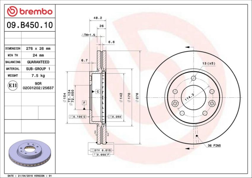 Brembo 09.B450.10 Premium Vented Brake Rotor