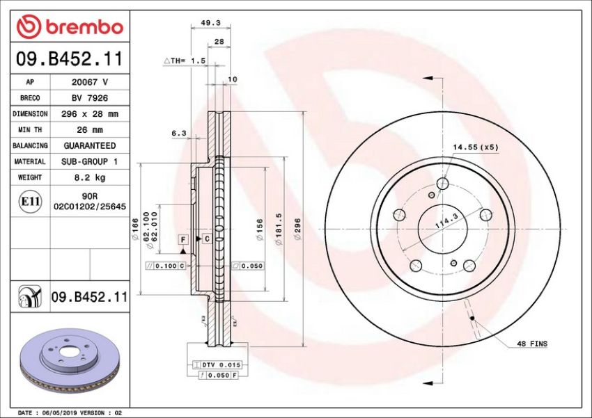 Brembo 09.B452.11 Premium Coated Vented Brake Rotor