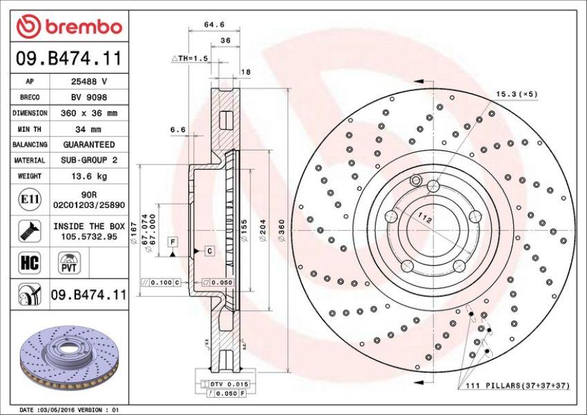 Brembo 09.B474.11 Premium Coated Vented Brake Rotor