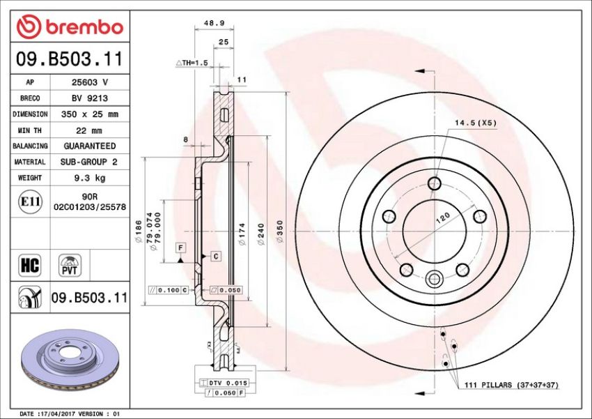 Brembo 09.B503.11 Premium Coated Vented Brake Rotor