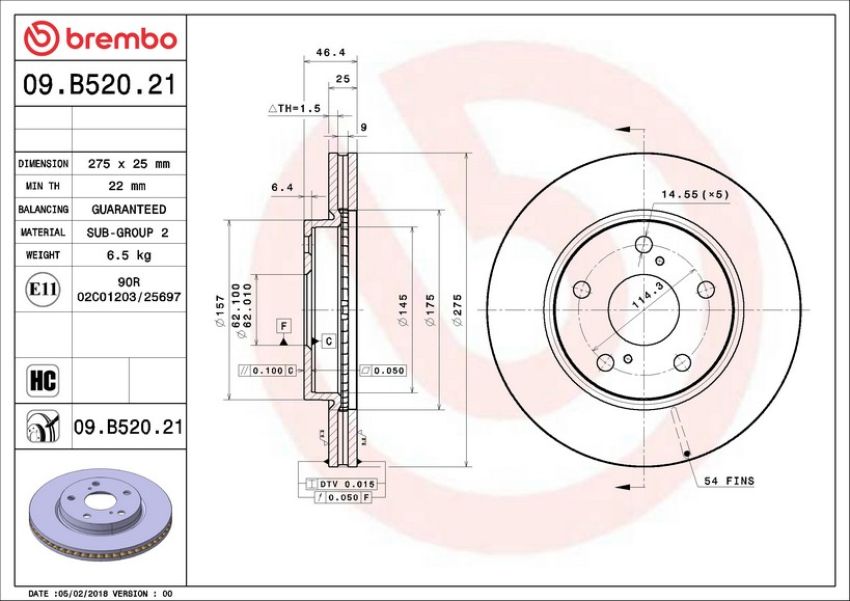 Brembo 09.B520.21 Premium Coated Vented Brake Rotor