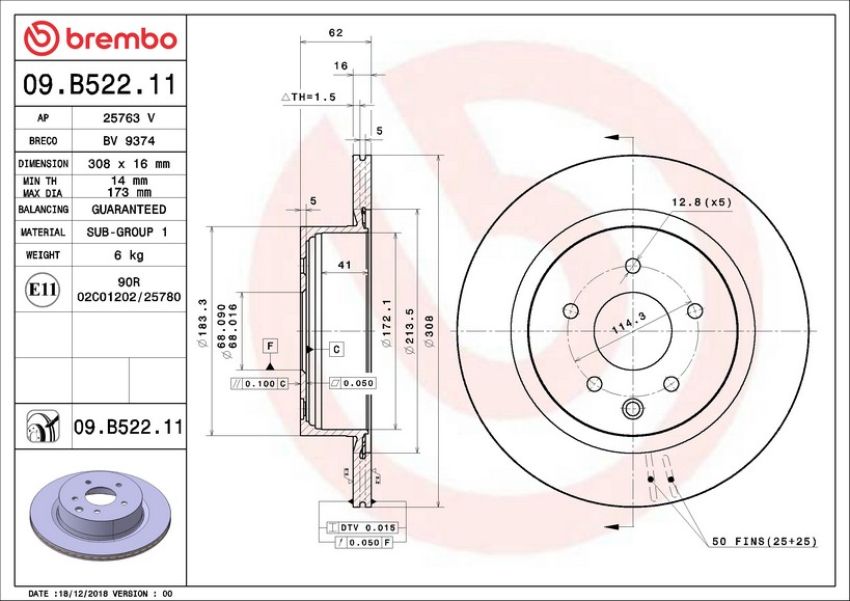 Brembo 09.B522.11 Premium Coated Vented Brake Rotor