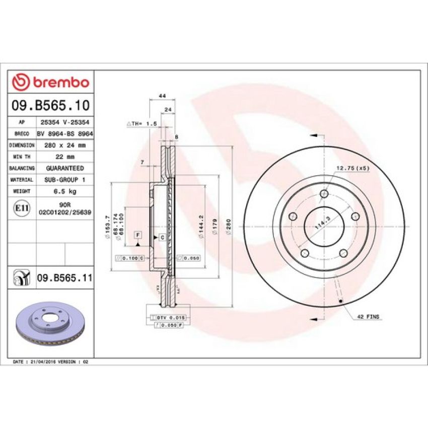 Brembo 09.B565.10 Premium Vented Brake Rotor