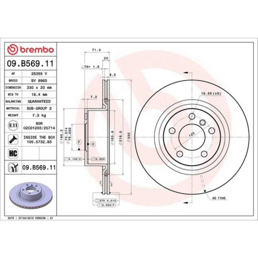 Brembo 09.B569.11 Premium Coated Vented Brake Rotor