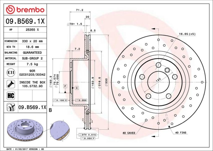 Brembo 09.B569.1X Premium UV Coated Xtra Cross Drilled Brake Rotor