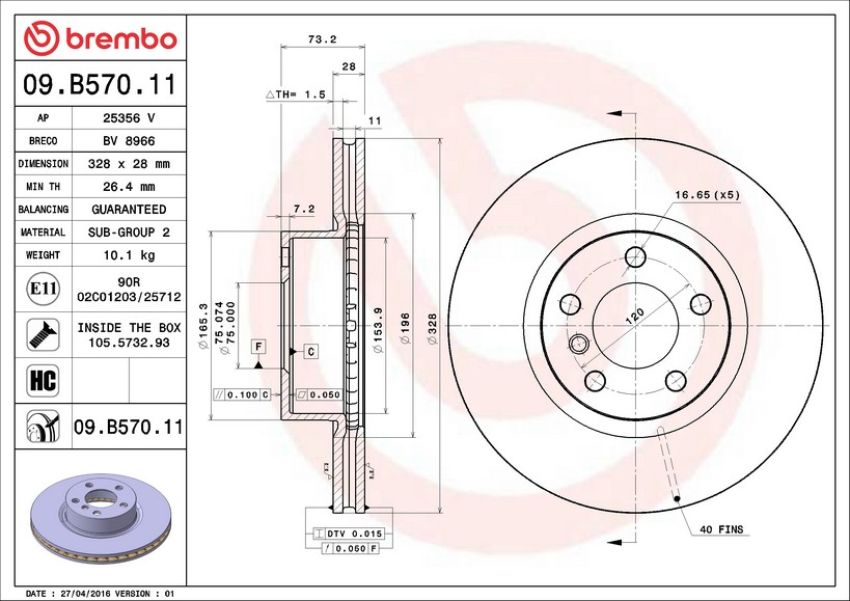 Brembo 09.B570.11 Premium Coated Vented Brake Rotor