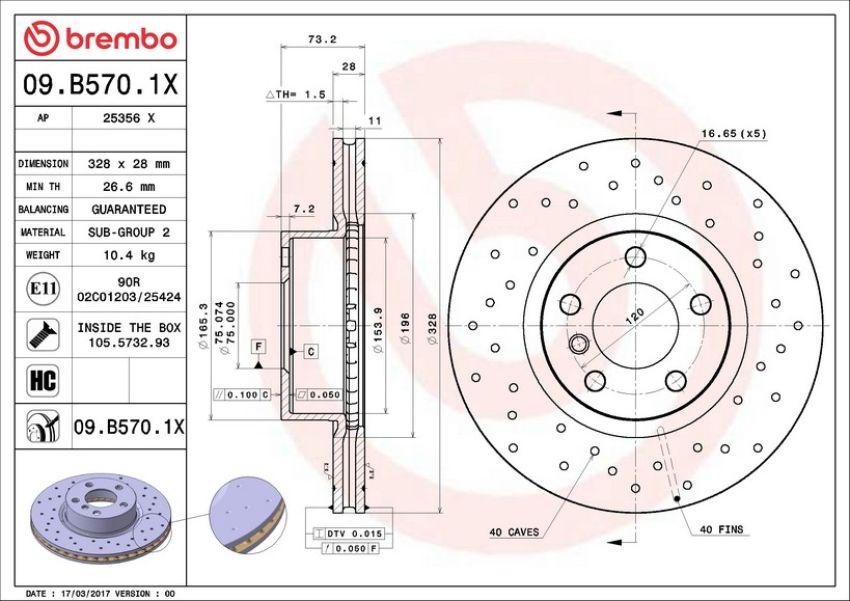 Brembo 09.B570.1X Premium UV Coated Xtra Cross Drilled Brake Rotor