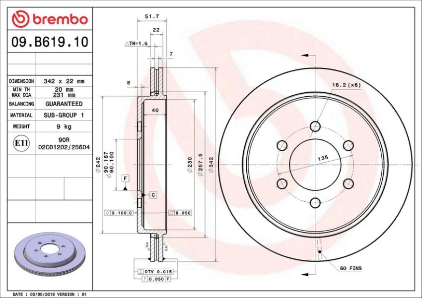 Brembo 09.B619.10 Premium Vented Brake Rotor