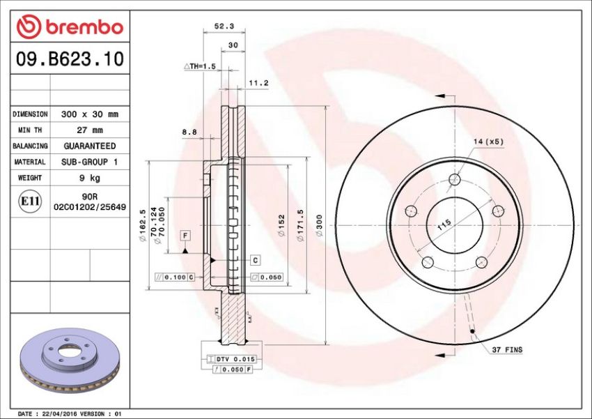 Brembo 09.B623.10 Premium Vented Brake Rotor