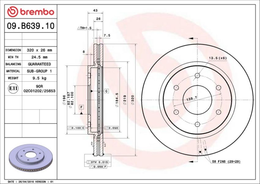 Brembo 09.B639.10 Premium Vented Brake Rotor