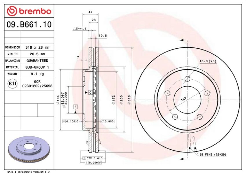 Brembo 09.B661.10 Premium Vented Brake Rotor