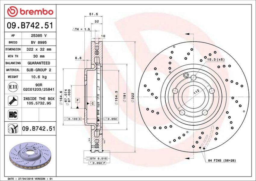 Brembo 09.B742.51 Premium UV Coated Front Brake Rotor