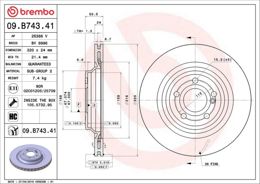 Brembo 09.B743.41 Premium Coated Vented Brake Rotor