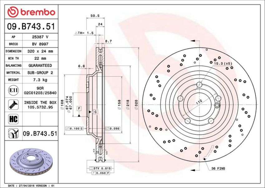 Brembo 09.B743.51 Premium UV Coated Rear Brake Rotor