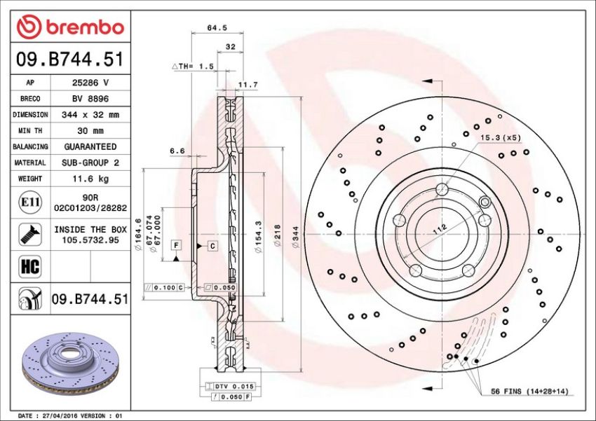 Brembo 09.B744.51 Premium UV Coated Front Brake Rotor