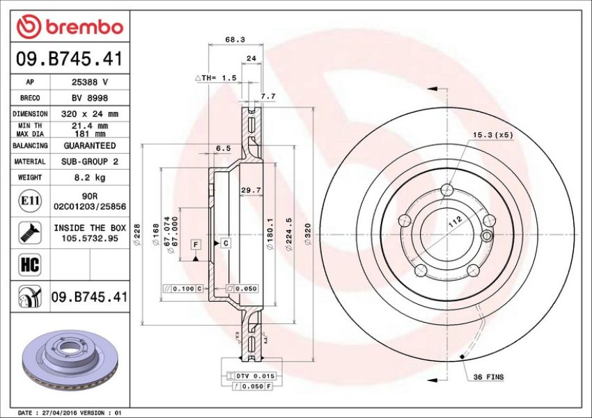 Brembo 09.B745.41 Premium Coated Vented Brake Rotor