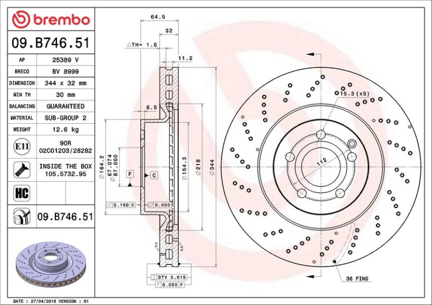 Brembo 09.B746.51 Premium UV Coated Front Brake Rotor