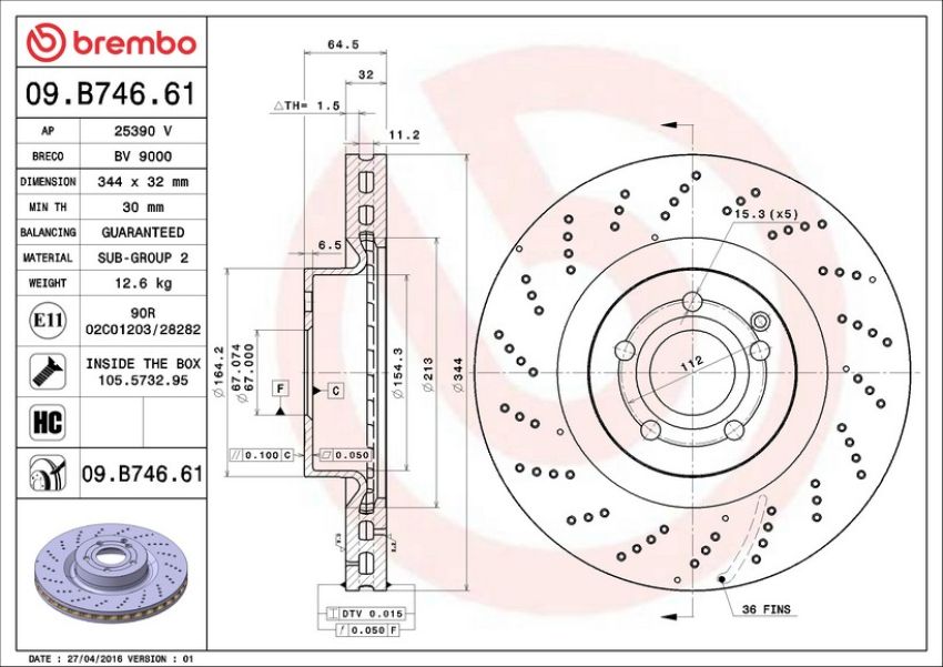Brembo 09.B746.61 Premium UV Coated Front Brake Rotor