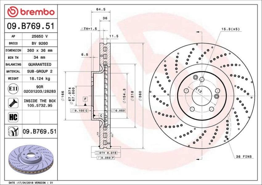 Brembo 09.B769.51 Premium UV Coated Front Brake Rotor