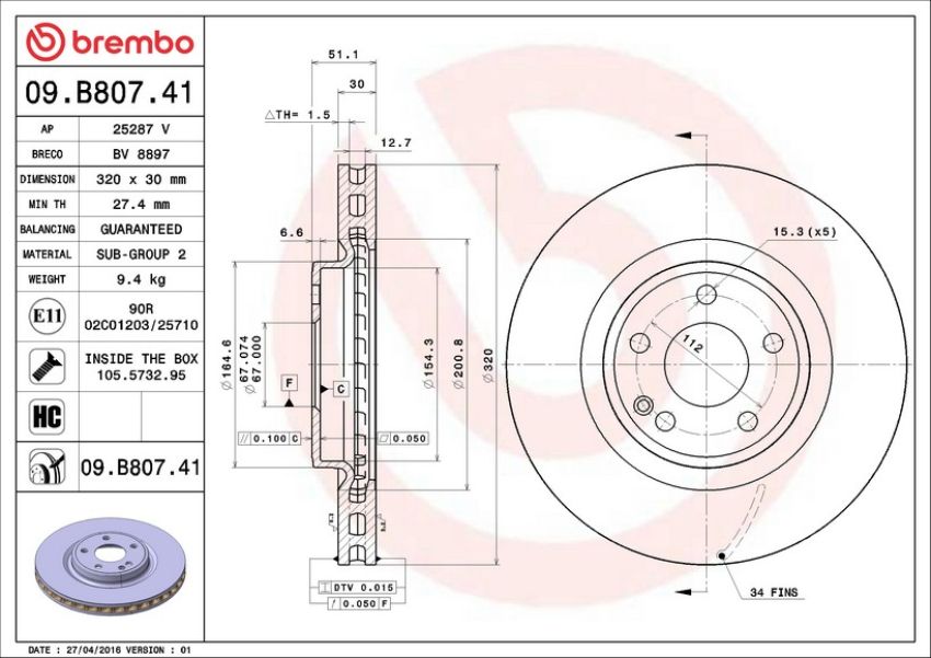 Brembo 09.B807.41 Premium Coated Vented Brake Rotor