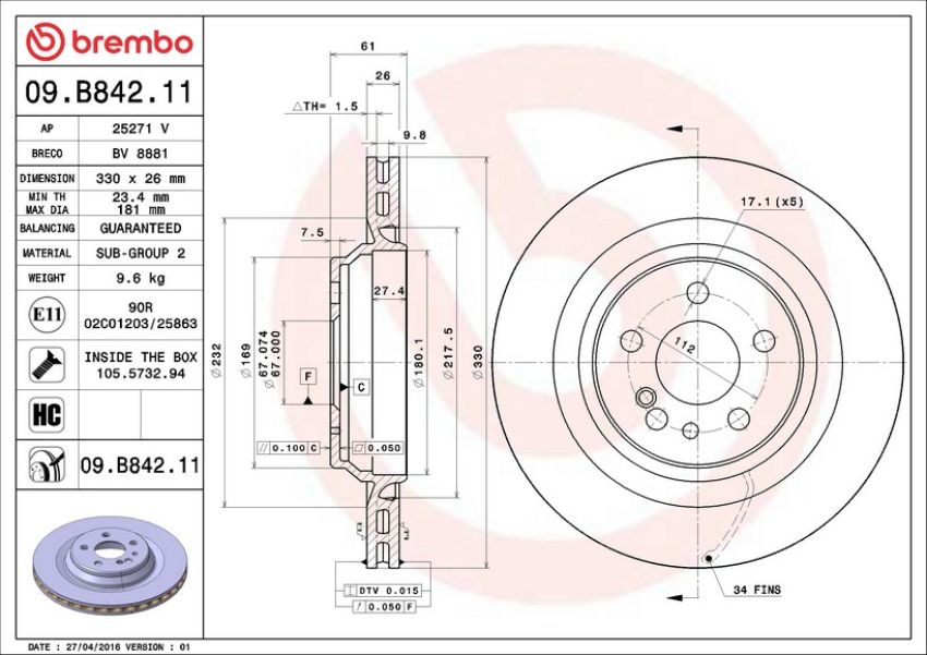 Brembo 09.B842.11 Premium Coated Vented Brake Rotor