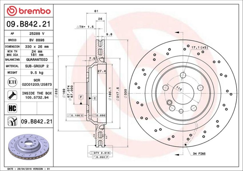Brembo 09.B842.21 Premium Coated Vented Brake Rotor