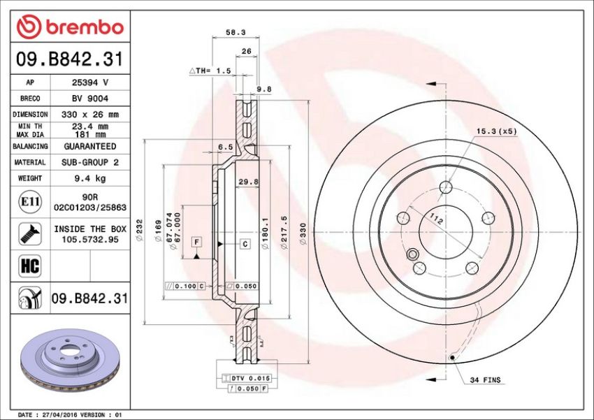 Brembo 09.B842.31 Premium Coated Vented Brake Rotor