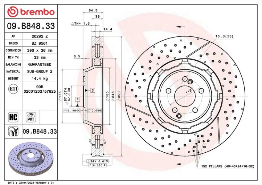 Brembo 09.B848.33 Premium Dual Cast Vented Drilled/Grooved UV Coated Brake Rotor