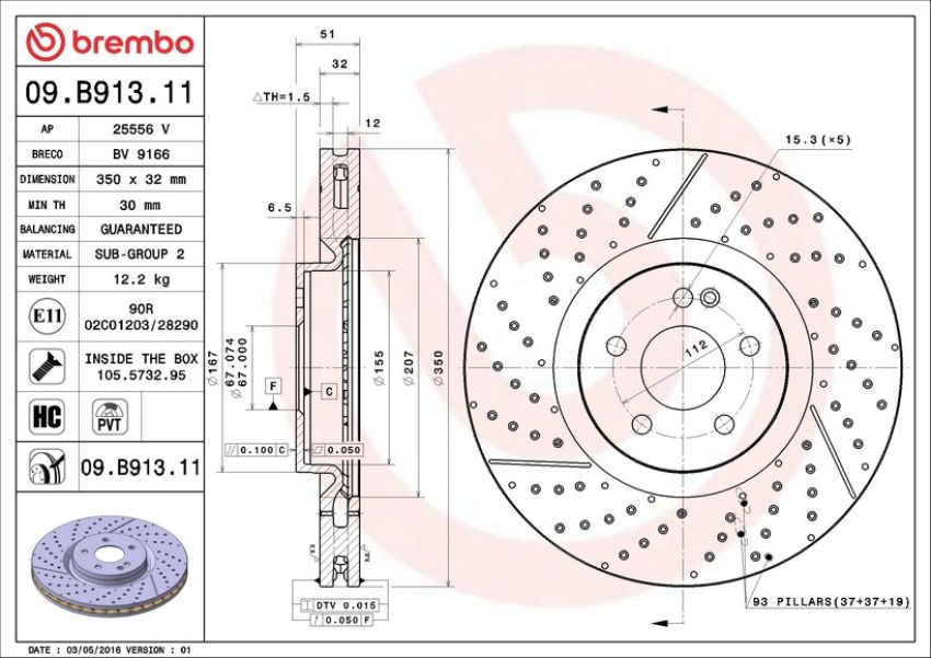 Brembo 09.B913.11 Premium Coated Vented Brake Rotor