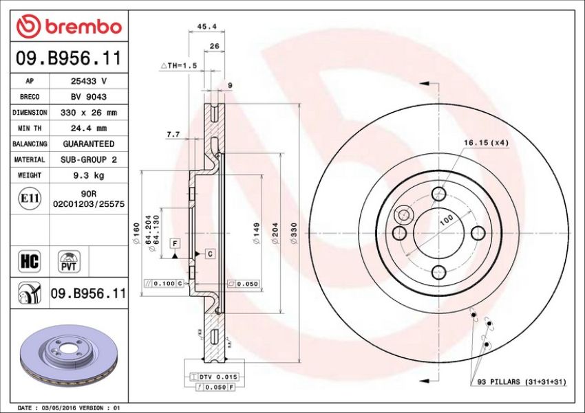 Brembo 09.B956.11 Premium Coated Vented Brake Rotor