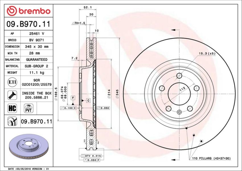 Brembo 09.B970.11 Premium Coated Vented Brake Rotor