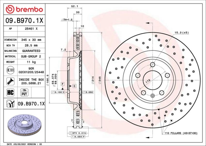 Brembo 09.B970.1X Premium UV Coated Xtra Cross Drilled Brake Rotor