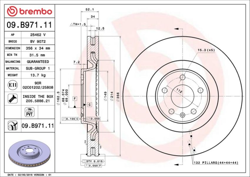 Brembo 09.B971.11 Premium Coated Vented Brake Rotor