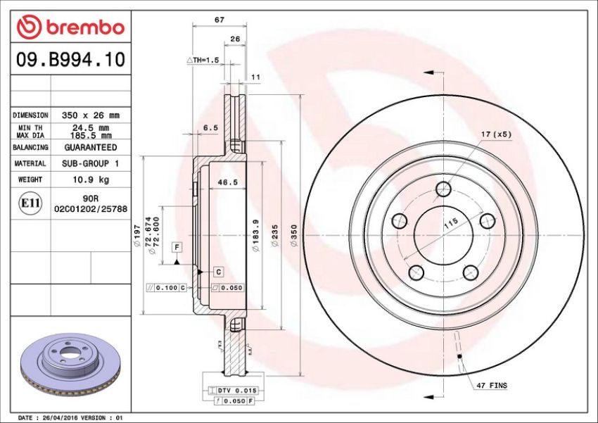 Brembo 09.B994.10 Premium Vented Brake Rotor