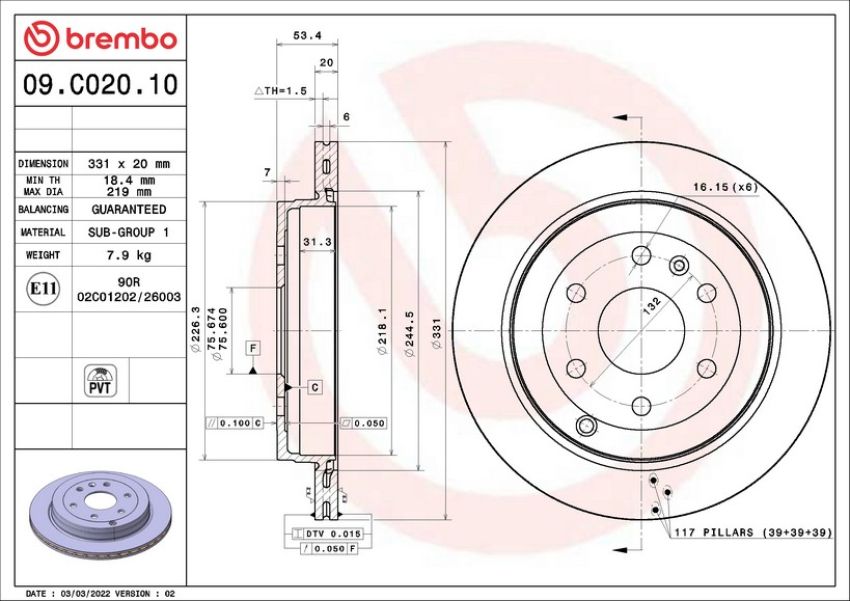 Brembo 09.C020.10 Premium Vented Brake Rotor