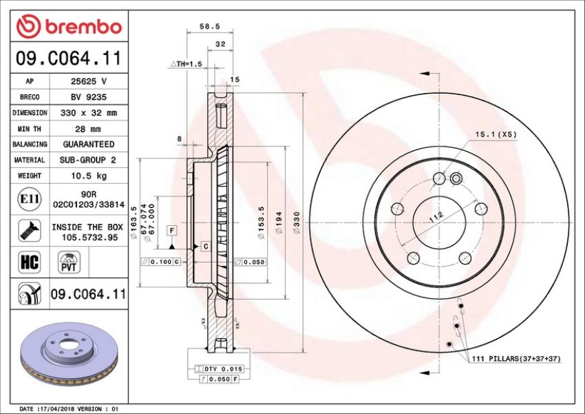 Brembo 09.C064.11 Premium Coated Vented Brake Rotor