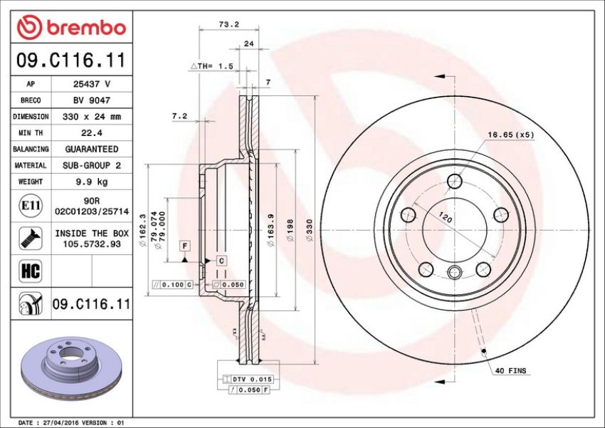 Brembo 09.C116.11 Premium Coated Vented Brake Rotor
