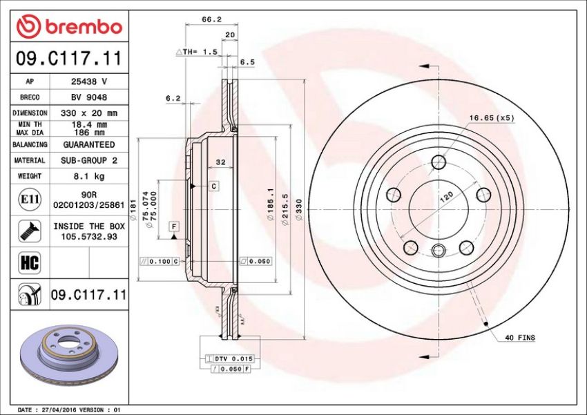 Brembo 09.C117.11 Premium Coated Vented Brake Rotor