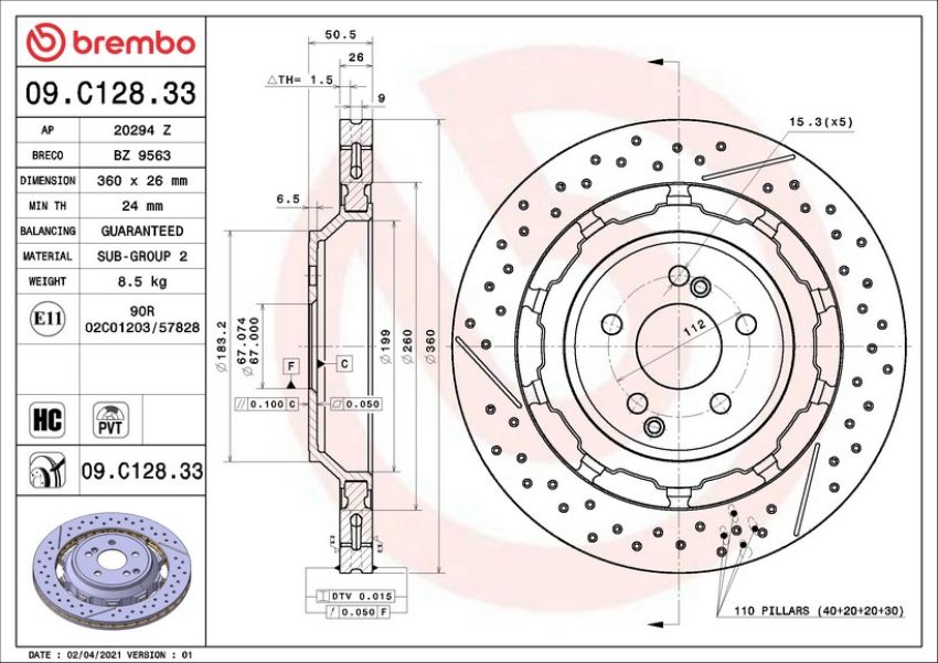 Brembo 09.C128.33 Premium Dual Cast Vented Drilled/Grooved UV Coated Brake Rotor
