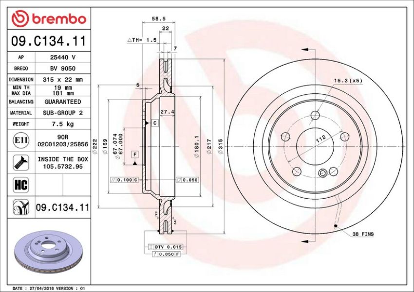 Brembo 09.C134.11 Premium Coated Vented Brake Rotor