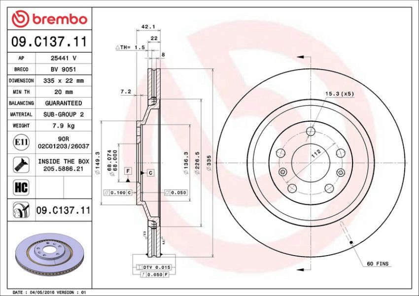 Brembo 09.C137.11 Premium Coated Vented Brake Rotor